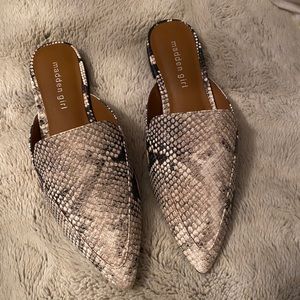 Madden Girl snakeskin mules